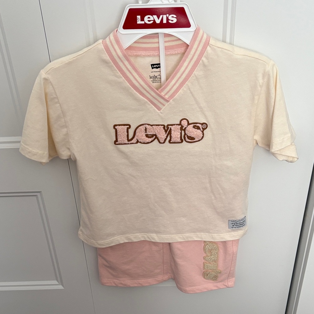 Levi's Cream and Pink V-Neck Tee